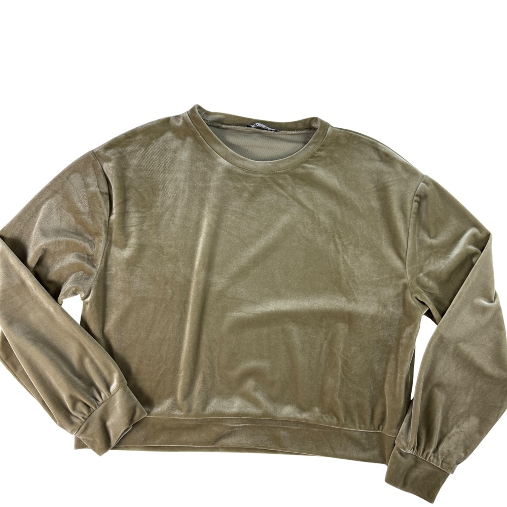 ZARA Top‎ Women Medium Velvet Crop Sweatshirt Olive Minimalist Luxe Casual Chic